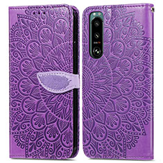 Leather Case Stands Fashionable Pattern Flip Cover Holder S04D for Sony Xperia 5 III Purple