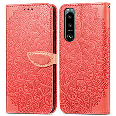 Leather Case Stands Fashionable Pattern Flip Cover Holder S04D for Sony Xperia 5 III Red