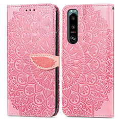 Leather Case Stands Fashionable Pattern Flip Cover Holder S04D for Sony Xperia 5 IV Rose Gold