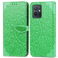 Leather Case Stands Fashionable Pattern Flip Cover Holder S04D for Vivo T1 5G India Green