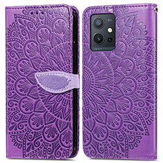 Leather Case Stands Fashionable Pattern Flip Cover Holder S04D for Vivo T1 5G India Purple