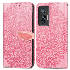 Leather Case Stands Fashionable Pattern Flip Cover Holder S04D for Vivo X70 5G Rose Gold