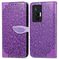 Leather Case Stands Fashionable Pattern Flip Cover Holder S04D for Vivo X70 Pro 5G Purple