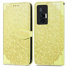 Leather Case Stands Fashionable Pattern Flip Cover Holder S04D for Vivo X70 Pro 5G Yellow
