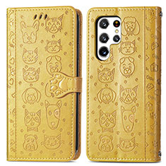 Leather Case Stands Fashionable Pattern Flip Cover Holder S05D for Samsung Galaxy S21 Ultra 5G Yellow