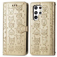 Leather Case Stands Fashionable Pattern Flip Cover Holder S05D for Samsung Galaxy S22 Ultra 5G Gold