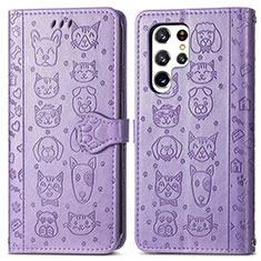 Leather Case Stands Fashionable Pattern Flip Cover Holder S05D for Samsung Galaxy S22 Ultra 5G Purple