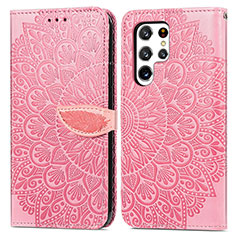 Leather Case Stands Fashionable Pattern Flip Cover Holder S07D for Samsung Galaxy S21 Ultra 5G Rose Gold