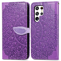 Leather Case Stands Fashionable Pattern Flip Cover Holder S07D for Samsung Galaxy S22 Ultra 5G Purple