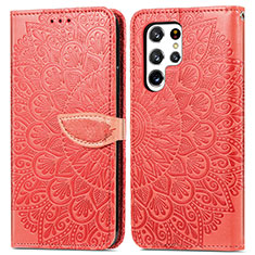 Leather Case Stands Fashionable Pattern Flip Cover Holder S07D for Samsung Galaxy S22 Ultra 5G Red
