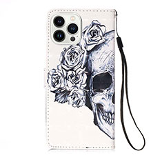 Leather Case Stands Fashionable Pattern Flip Cover Holder Y02B for Apple iPhone 14 Pro Max White