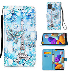 Leather Case Stands Fashionable Pattern Flip Cover Holder Y02B for Samsung Galaxy A21s Mint Blue
