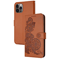 Leather Case Stands Fashionable Pattern Flip Cover Holder Y02X for Apple iPhone 15 Pro Brown