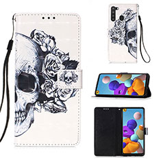 Leather Case Stands Fashionable Pattern Flip Cover Holder Y03B for Samsung Galaxy A21 Black