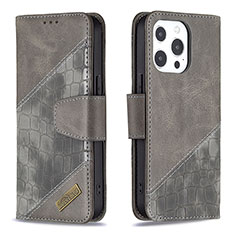 Leather Case Stands Fashionable Pattern Flip Cover L05 Holder for Apple iPhone 15 Pro Gray