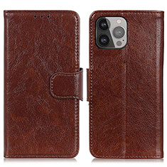 Leather Case Stands Flip Cover A02 Holder for Apple iPhone 13 Pro Brown