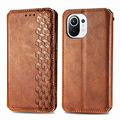 Leather Case Stands Flip Cover C04 Holder for Xiaomi Mi 11 Lite 4G Brown