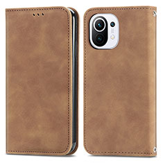 Leather Case Stands Flip Cover C05 Holder for Xiaomi Mi 11 Lite 4G Brown