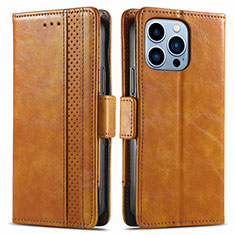 Leather Case Stands Flip Cover F03 Holder for Apple iPhone 13 Pro Light Brown