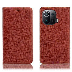 Leather Case Stands Flip Cover H02P Holder for Xiaomi Mi 11 Pro 5G Brown