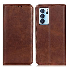 Leather Case Stands Flip Cover Holder A02D for Oppo Reno6 Pro 5G India Brown