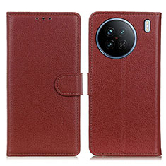 Leather Case Stands Flip Cover Holder A03D for Vivo X90 5G Brown