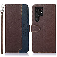 Leather Case Stands Flip Cover Holder A05D for Samsung Galaxy S23 Ultra 5G Brown
