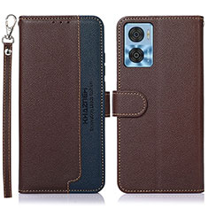 Leather Case Stands Flip Cover Holder A09D for Motorola Moto E22 Brown