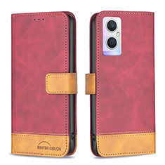 Leather Case Stands Flip Cover Holder B02F for Oppo A96 5G Red
