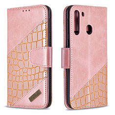 Leather Case Stands Flip Cover Holder B03F for Samsung Galaxy A21 Rose Gold