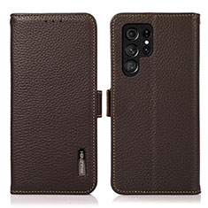 Leather Case Stands Flip Cover Holder B03H for Samsung Galaxy S22 Ultra 5G Brown