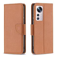 Leather Case Stands Flip Cover Holder B05F for Xiaomi Mi 12 Pro 5G Brown