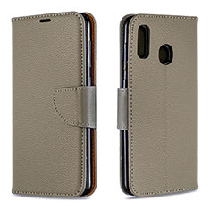 Leather Case Stands Flip Cover Holder B06F for Samsung Galaxy A20 Gray