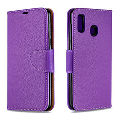 Leather Case Stands Flip Cover Holder B06F for Samsung Galaxy A20 Purple