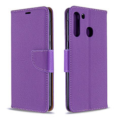 Leather Case Stands Flip Cover Holder B06F for Samsung Galaxy A21 Purple