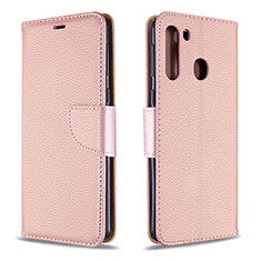 Leather Case Stands Flip Cover Holder B06F for Samsung Galaxy A21 Rose Gold