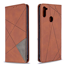 Leather Case Stands Flip Cover Holder B07F for Samsung Galaxy M11 Brown