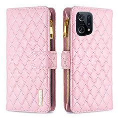 Leather Case Stands Flip Cover Holder B12F for Oppo Find X5 5G Rose Gold