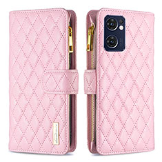 Leather Case Stands Flip Cover Holder B12F for Oppo Reno7 5G Rose Gold