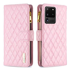 Leather Case Stands Flip Cover Holder B12F for Samsung Galaxy S20 Ultra 5G Rose Gold