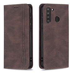 Leather Case Stands Flip Cover Holder B15F for Samsung Galaxy A21 Brown