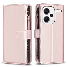 Leather Case Stands Flip Cover Holder B22F for Xiaomi Redmi Note 13 Pro+ Plus 5G Rose Gold