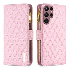 Leather Case Stands Flip Cover Holder BF1 for Samsung Galaxy S22 Ultra 5G Rose Gold
