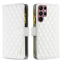 Leather Case Stands Flip Cover Holder BF1 for Samsung Galaxy S22 Ultra 5G White
