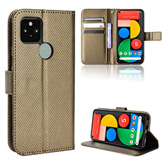 Leather Case Stands Flip Cover Holder BY1 for Google Pixel 5 Brown
