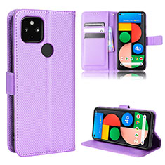 Leather Case Stands Flip Cover Holder BY1 for Google Pixel 5 XL 5G Purple