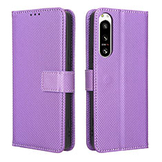 Leather Case Stands Flip Cover Holder BY1 for Sony Xperia 5 IV Purple