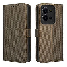 Leather Case Stands Flip Cover Holder BY1 for Vivo V25e Brown