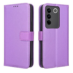Leather Case Stands Flip Cover Holder BY1 for Vivo V27 5G Purple