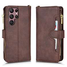 Leather Case Stands Flip Cover Holder BY2 for Samsung Galaxy S22 Ultra 5G Brown
